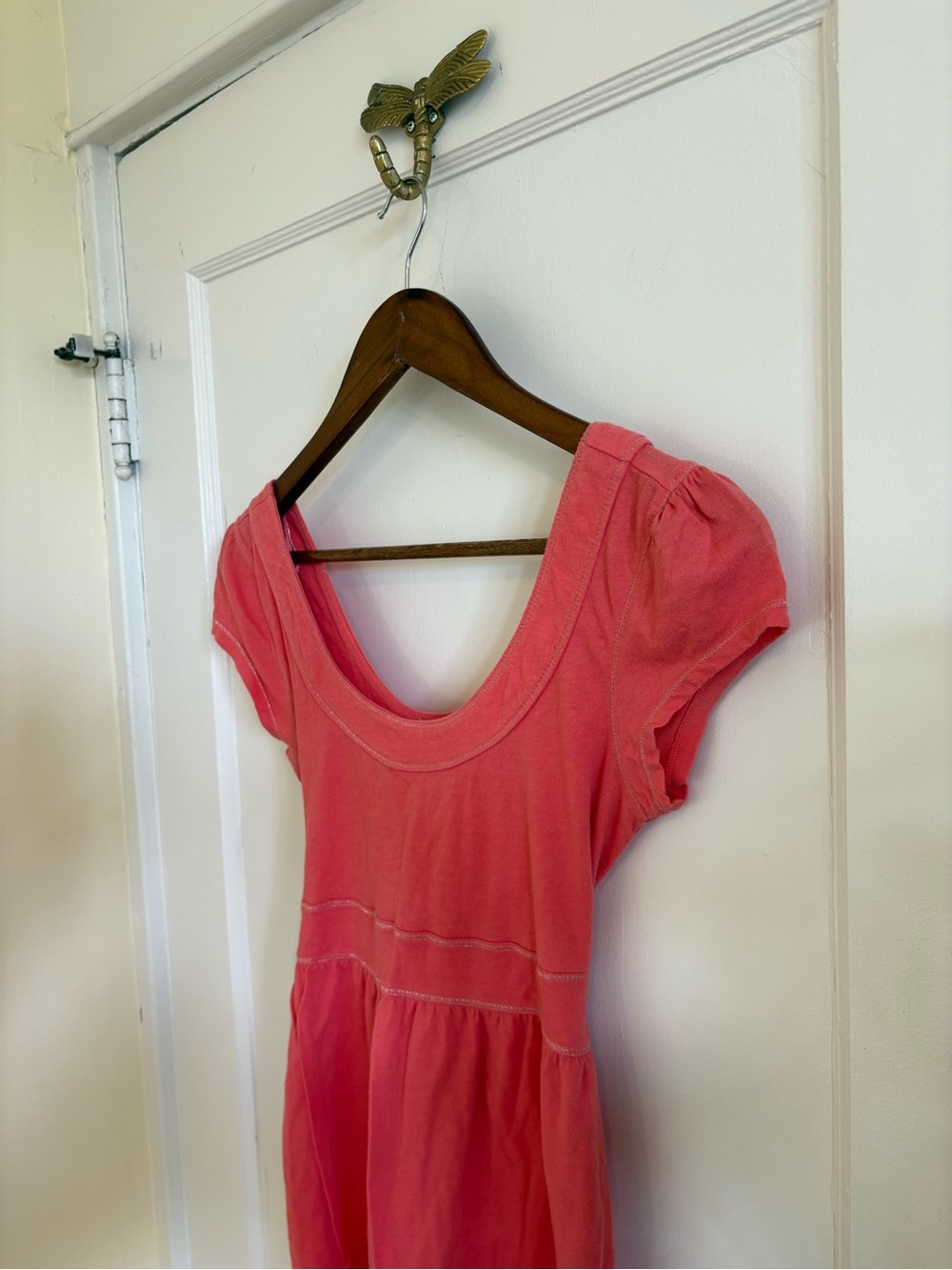 Y2K‎ Aeropostale Coral Ruched Empire Tie Waist Short Sleeve Babydoll Women's Top - Picture 2 of 7